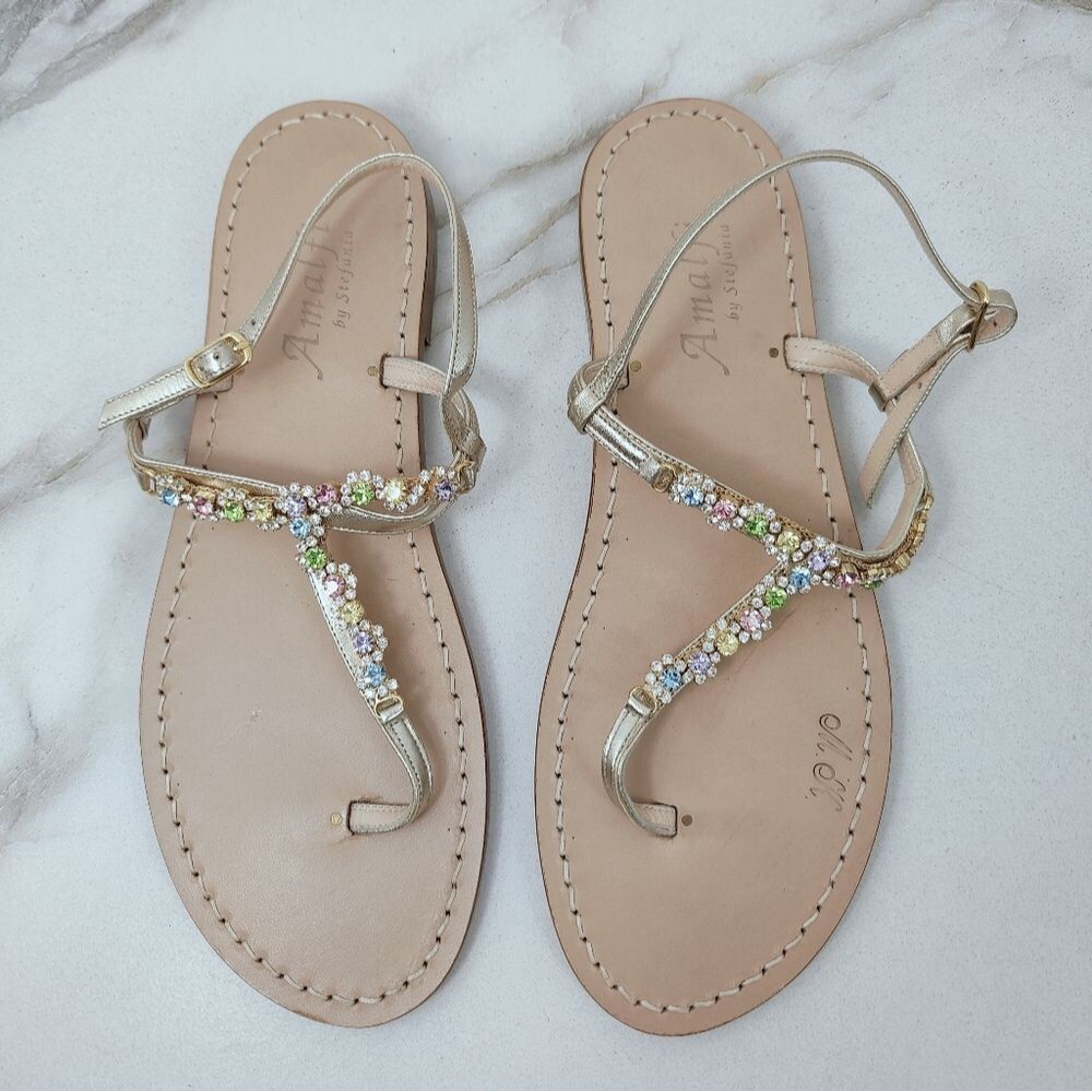 Amalfi by Stefania Gold Rhinestone Italian Leather Thong Ankle Strap Sandals, 11